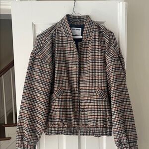 Old Navy Women's Houndstooth Checkered Bomber Jacket - Black and Tan and Rust
